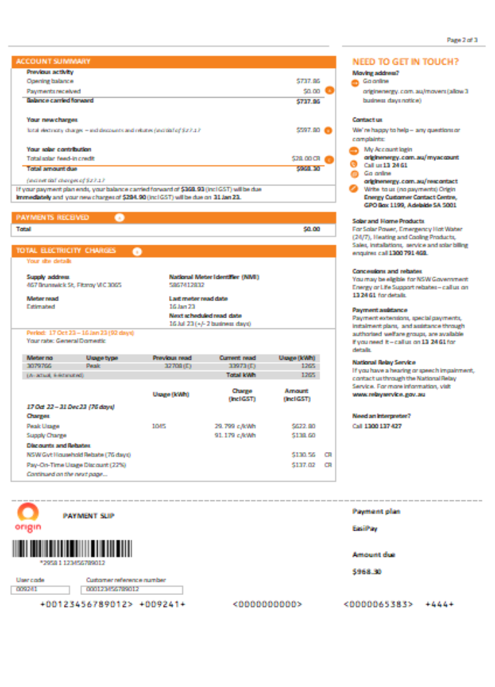 New South Wales (NSW) Origin electricity utility business bill, SCR, page 2 PSD template